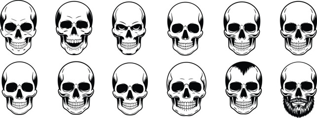 Human skull illustration set, black and white skulls, vintage horror clipart, tattoo style skull faces, scary skeleton heads