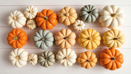 Autumn pumpkin background. A rich harvest of small pumpkins on a wooden background. The concept of a Halloween or Thanksgiving holiday.