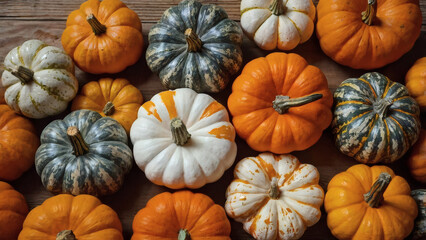 Autumn pumpkin background. A rich harvest of small pumpkins on a wooden background. The concept of a Halloween or Thanksgiving holiday.