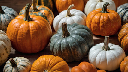 Autumn pumpkin background. A rich harvest of small pumpkins on a wooden background. The concept of a Halloween or Thanksgiving holiday.