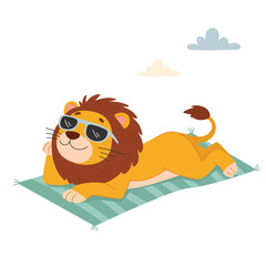 Lion in sunglasses lying on a towel and sunbathing on the beach. Vector illustration in cartoon style on white background.