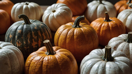 Autumn pumpkin background. A rich harvest of small pumpkins on a wooden background. The concept of a Halloween or Thanksgiving holiday.