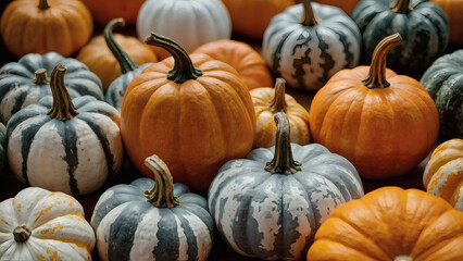 Autumn pumpkin background. A rich harvest of small pumpkins on a wooden background. The concept of a Halloween or Thanksgiving holiday.