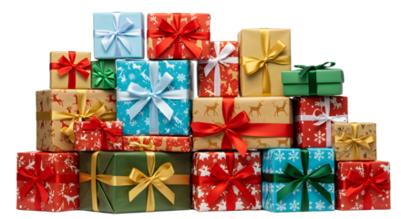 A vibrant display of colorful wrapped gifts stacked together, showcasing festive patterns and bows, ideal for holiday celebrations