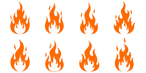set of fire flames are isolated on white background