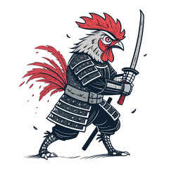 A majestic samurai chicken, its armor torn and scarred with blade marks, stands defiantly.  Detailed feathers, realistic damage.
