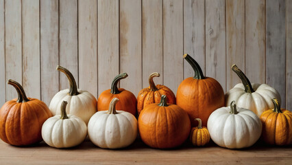 Autumn pumpkin background. A rich harvest of small pumpkins on a wooden background. The concept of a Halloween or Thanksgiving holiday.