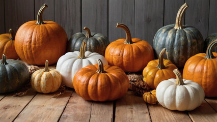 Autumn pumpkin background. A rich harvest of small pumpkins on a wooden background. The concept of a Halloween or Thanksgiving holiday.