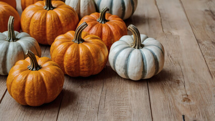 Autumn pumpkin background. A rich harvest of small pumpkins on a wooden background. The concept of a Halloween or Thanksgiving holiday.