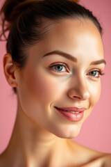 Fototapeta premium Close-up showcases a woman's serene smile and radiant complexion against a pink backdrop.