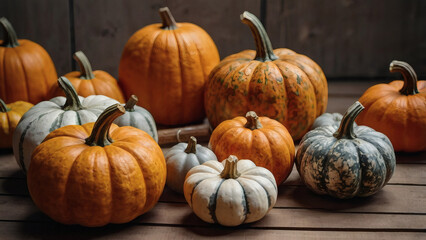 Autumn pumpkin background. A rich harvest of small pumpkins on a wooden background. The concept of a Halloween or Thanksgiving holiday.