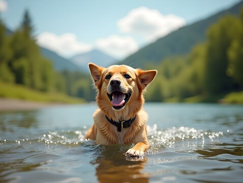 Dog Enjoys a Pleasant Day Swimming in a Natural River Under Sunny Sky