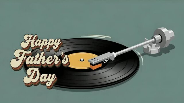 Father's Day animated card with retro record player playing vinyl, music gift, celebration, love, family, music, vintage, record, father, dad, holiday greeting, happy. 