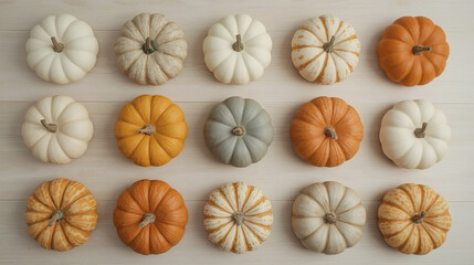 Autumn pumpkin background. A rich harvest of small pumpkins on a wooden background. The concept of a Halloween or Thanksgiving holiday.