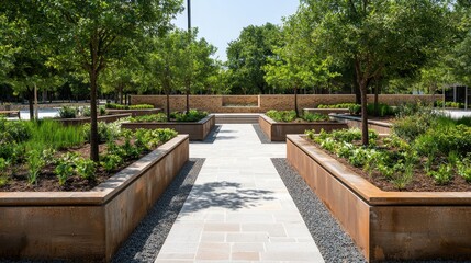 Modern Landscaped Garden Pathway Surrounded by Greenery and Decorative Planters in Urban Setting
