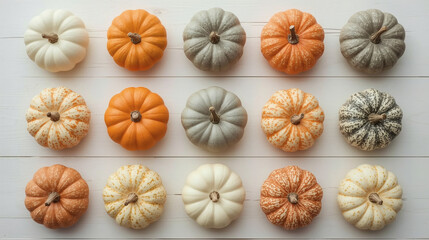 Autumn pumpkin background. A rich harvest of small pumpkins on a wooden background. The concept of a Halloween or Thanksgiving holiday.