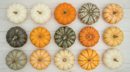 Autumn pumpkin background. A rich harvest of small pumpkins on a wooden background. The concept of a Halloween or Thanksgiving holiday.