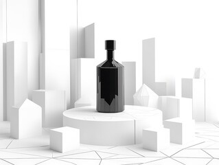 Polygon mesh stage with modern bottle surrounded by white transparent cubes