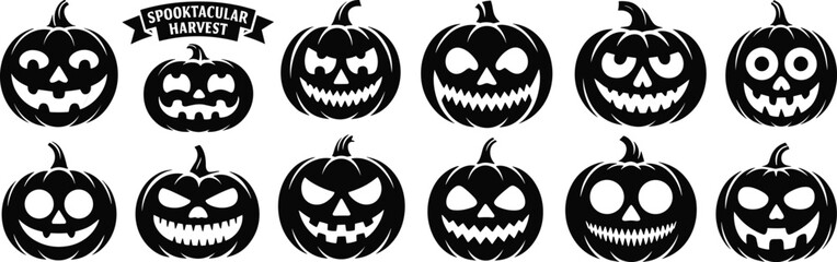 Halloween pumpkin face silhouettes, spooky jack-o'-lantern vector set, scary carved faces, festive harvest design