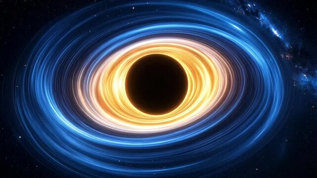 Deep space cosmic singularity with blue and gold glowing energy streams swirling around a dense black hole in a field of stars.
