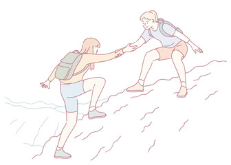 This illustration perfectly captures the essence of friendship and teamwork during a challenging climb together
