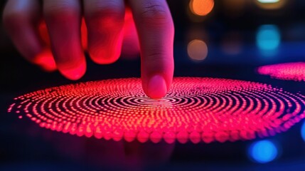 Fingertip interacting with glowing fingerprint graphic