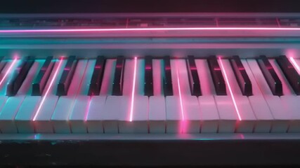 Neon-lit piano keys with vibrant colors and reflections