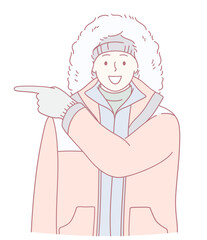 A cheerful character in warm winter clothing with a fluffy hat, enthusiastically pointing to the side