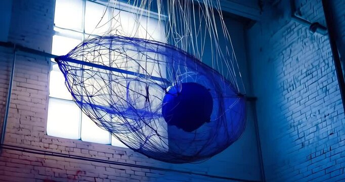 Blue mesh cocoon hangs, illuminated softly, in a high-ceilinged industrial space.