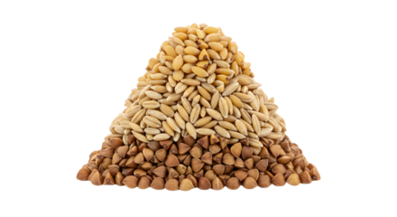 A vibrant pyramid of assorted seeds, including sunflower and pumpkin seeds, arranged on a clean background, ideal for nutrition-related content