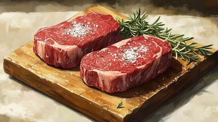 Two Raw Marbled Steaks Seasoned with Salt and Rosemary on a Wooden Board