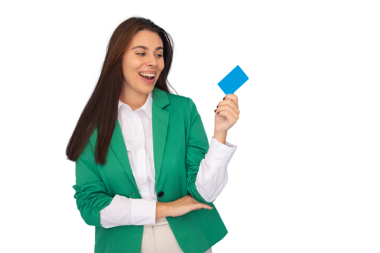 Excited businesswoman holding credit card, enjoying shopping and cashless payments, isolated on transparent background