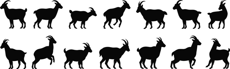 Goat silhouette vector collection, black goat icons, farm livestock illustration, domestic animal clipart,