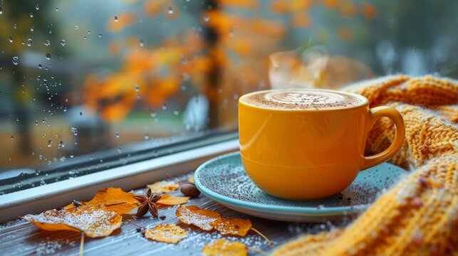 A warm, inviting yellow coffee cup placed on a soft knitted blanket next to a rain-streaked window, creating a soothing ambiance perfect for rainy day relaxation.