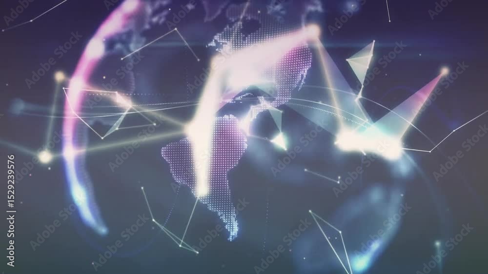 Poster Dots appearing then forming triangular mesh merging into rotating globe visualizing connectivity
