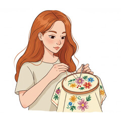 A charming girl skillfully embroidering a floral design on fabric a delightful needlepoint craft artwork perfect for hobby blogs and websites