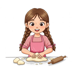 Adorable girl joyfully kneading dough for baking a delicious treat perfect for children's book illustrations, website design, and cute branding