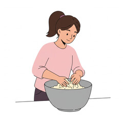 A young woman happily mixes dough in a bowl, a charming cooking scene perfect for recipe blogs, cookbooks, or kitchen-themed designs.
