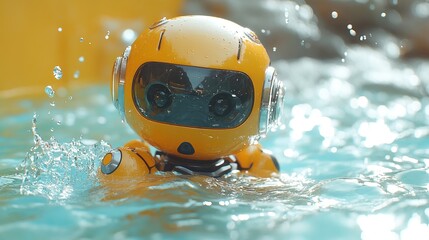 Yellow Futuristic Robot Swimming in Water