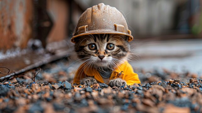 An adorable kitten in a construction helmet explores a gravel surface, playfully embodying a blend of cuteness and curiosity set against a rugged industrial backdrop.