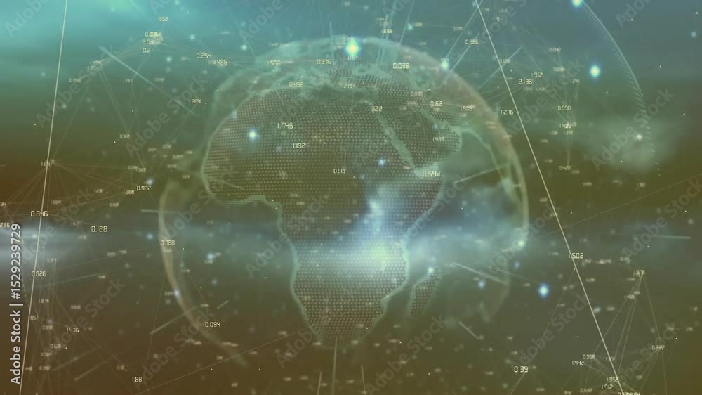 Poster 3d globe appearing and rotating, lines forming, nodes pulsing and labels fading showing data flow