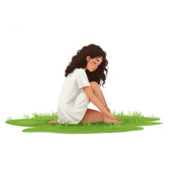 Serene young woman in white dress sits peacefully on green grass, enjoying nature's tranquility, perfect for meditation or relaxation themed designs.