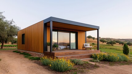 Modern Minimalist House with Wood Accent and Panoramic View in a Scenic Landscape During Sunset