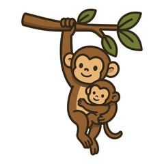 Cartoon monkey mother and baby hanging from a tree branch