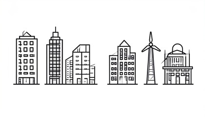 Obraz premium Minimalist cityscape icon set illustrating sustainable urban planning features