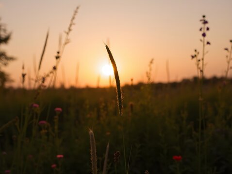 A serene sunset over a grassy field with wildflowers and a tall grass stalk in the foreground.