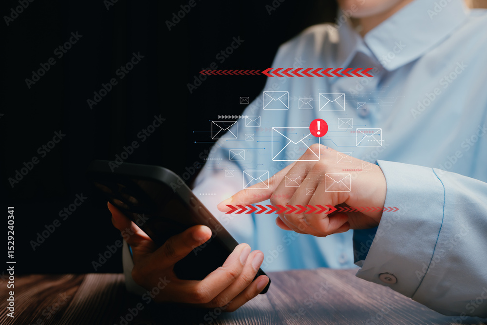 Poster email concept. businessman using smartphone with email notifications on screen in a dark setting
