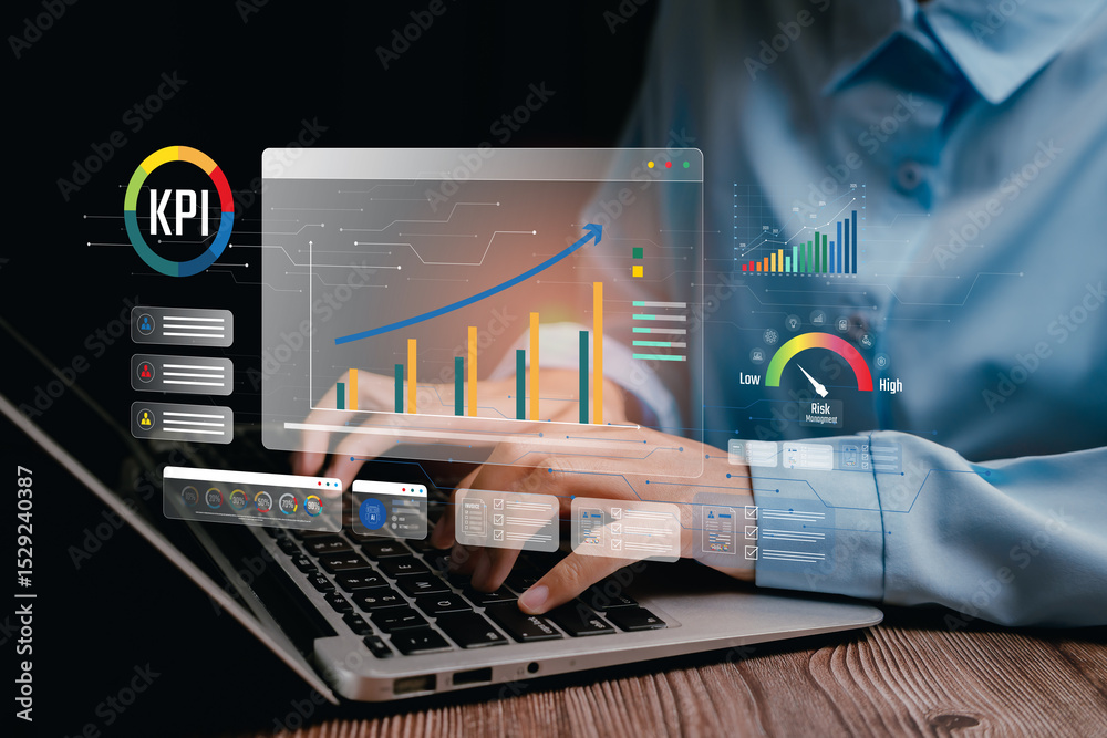 Poster data analysis concept. interactive data analysis with charts and graphs on laptop for business insig