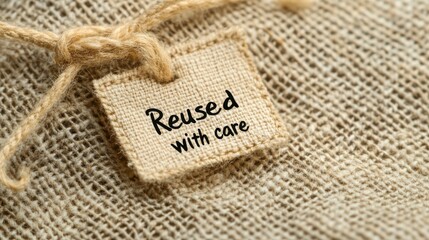 Close-up stitched label reading “Reused with care” on beige linen clothing, sustainability concept