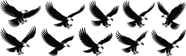 Flying bald eagle silhouette vector illustration, aggressive bird of prey art, wildlife symbol, attack pose, freedom